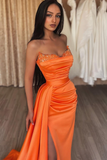 Orange Strapless Long Mermaid Prom Dress Split With Ruffles HZ1023