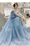 Light Blue Tulle Off Shoulder With White Lace Party Dress, Blue Formal Dress Gowns HZ1023