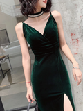 Dark Green Velvet Long Straps Floor Length Party Dress, Green Prom Dress Formal Dress HZ1023