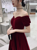Wine Red Short Velvet Evening Dresses, Off Shoulder Prom Dresses Bridesmaid Dress HZ1023