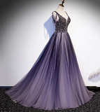 Charming Purple Gradient Tulle V-Neckline Long Party Dress, A-Line Prom Dress HZ1023