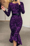 Long Sleeves Mermaid Sequins Prom Dress Online With Belt HZ1023