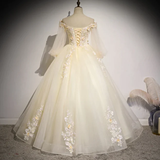 Beautiful Ivory Tulle Long Sleeves Floral Sweet 16 Gown, Party Gowns prom dress HZ1023