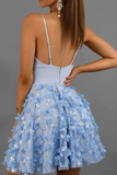 A-Line V Neck Spaghetti Straps Light Blue Lace Above Knee Homecoming Dresses Short Prom Dresses HZ1023