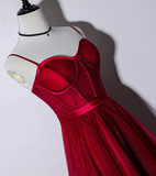 Beautiful Dark Red Tea Length Straps Wedding Party Dress, Homecoming Dress HZ1023