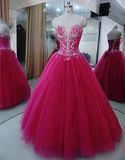 Charming Beaded Fuschia Tulle Ball Gown Party Dress, Sweet 16 Dress HZ1023