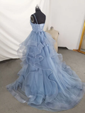 Beautiful Blue Straps Tulle Layers Long Party Dresses, Blue Evening Dresses Prom dress HZ1023