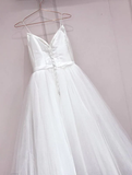 Simple White Tulle With Satin V-Neckline Tea Length Wedding Dress, Simple White Party Dress HZ1023