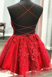 A Line V Neck Short Backless Red Lace Prom Dresses, Short Red Backless Lace Formal Homecoming Dresses HZ1023