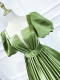 Green Satin Short Sleeves Long Evening Party Dresses, Green Formal Party Dresses HZ1023