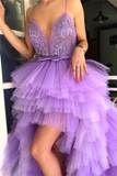 Spaghetti straps purple tulle prom dresses applique beaded v-neck long evening party dress HZ1023