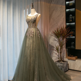 Beautiful Tulle With Applique Light Green Round Neckline Prom Dress, Low Black Long Formal Dress HZ1023