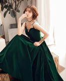 Dark Green V Back Long Velvet Elegant Party Dress, A-Line Straps Bridesmaid Dress HZ1023