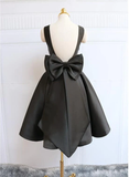 Black Satin Knee Length Party Dress Black Backless Evening Dress HZ1023