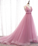 Charming Pink V-Neckline Straps Tulle Long Evening Dress, Pink Prom Dress HZ1023