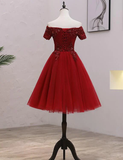 Tulle Dark Red Off The Shoulder Knee Length Homecoming Dress, Red Party Dress HZ1023