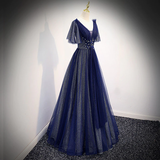 Navy Blue V-Neckline Long Tulle Party Dress With Sleeves, Blue Bridesmaid Dresses Party Dress HZ1023