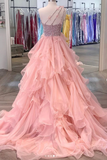 Gorgeous One Shoulder Beaded Pink Long Prom Dresses, Fluffy Pink Formal Evening Dresses, Beaded Ball Gown HZ1023