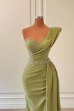 Sage green elegant one shoulder slit long fitted mermaid ball gown evening dress with beads HZ1023