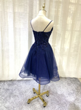 Navy Blue V-Neckline Tulle Short Homecoming Dress, Lace Applique Short Party Dress HZ1023