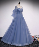 Blue Tulle Beaded Sweetheart Unique Long Prom Dress, Blue Evening Dress Formal Dress HZ1023