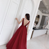 Sexy V-Neckline Wine Red Tulle Floor Length Party Dress, Red Formal Gown HZ1023