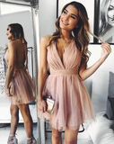 Cute V Neck Above Knee Pink Ruffles Tulle Short Prom Dresses Homecoming Dresses HZ1023