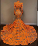 Orange Long Sleeves Mermaid Prom Dress Sequins Lace HZ1023