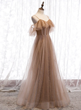 Champagne Tulle Off Shoulder Straps A-Line Prom Dress, Long Evening Dress Party Dress HZ1023