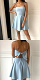 Blue fashion simple bow sleeveless short spaghetti strap A-line short satin mini homecoming dress evening gown HZ1023