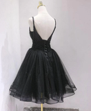 Black Tulle And Beaded Knee Length Straps Homecoming Dress, Black Short Prom Dresses HZ1023