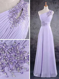 Light Purple One Shoulder Lace Applique Chiffon Party Dress, A-Line Bridesmaid Dress HZ1023