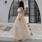 Champagne Lace V-Neckline Tulle Long Evening Dress Prom Dress, A-Line Lace Formal Dresses HZ1023