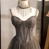 Glam Grey Beaded Tulle Long Evening Dress Party Dress, A-Line Straps Evening Formal Dresses Prom dress HZ1023