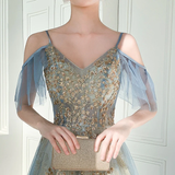 Charming Lace Light Blue V-Neckline Long Prom Dress, A-Line Formal Dress Evening Dress HZ1023