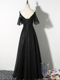 Beautiful Black Straps V-Neckline Long Party Dress, Black Formal Gown HZ1023