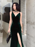 Dark Green Velvet Long Straps Floor Length Party Dress, Green Prom Dress Formal Dress HZ1023