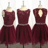New Handmade Wine Red Knee Length Homecoming Dress, Short Party Dress HZ1023