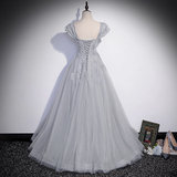Grey Sweetheart Lace And Tulle A-Line Evening Dress, Light Grey Prom Dress HZ1023