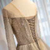 Light Grey Beaded Long Sleeves Fashionable Tulle Evening Dress, Tulle Grey Prom Dress Party Dress HZ1023