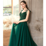 Green Beaded V-Neckline Straps Tulle Long Formal Dress, Dark Green A-Line Prom Dress HZ1023
