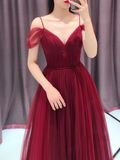 Wine Red Straps Off Shoulder A-Line Tulle Evening Dress Party Dress, Dark Red Prom Dress Formal Gown HZ1023