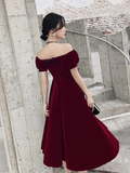 Wine Red Short Velvet Evening Dresses, Off Shoulder Prom Dresses Bridesmaid Dress HZ1023