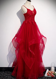 Red Lace Tulle Layered Straps Fashionable Long Party Dress, Long Prom Gown HZ1023