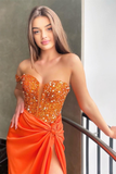 Orange Sweetheart One Shoulder Prom Dress Sequins Mermaid Long With Split HZ1023