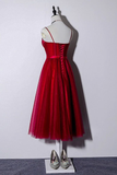 Beautiful Dark Red Tea Length Straps Wedding Party Dress, Homecoming Dress HZ1023