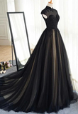 Beautiful Black Prom Dresses High Neck Sweep Train Prom Dress, Black Party Dress HZ1023