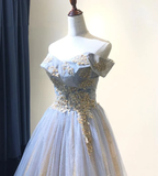 Charming Grey-Blue Tulle Floor Length Party Dress Beautiful Formal Gown HZ1023