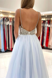 Light Sky Blue Spaghetti-Straps Tulle Long Prom Dress With Beads HZ1023