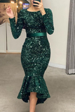 Long Sleeves Mermaid Sequins Prom Dress Online With Belt HZ1023